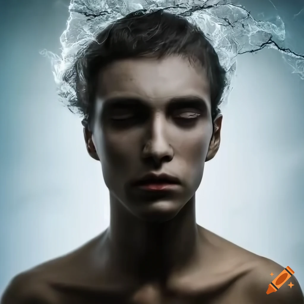 Hyperrealistic ageless god of air with a male face features surrounded by wind and weather elements