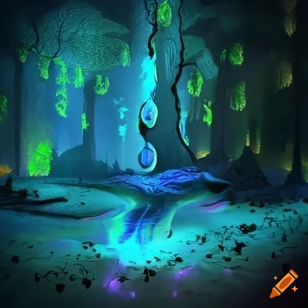 Biopunk paradise with glowing bioluminescent trees in a surreal forest