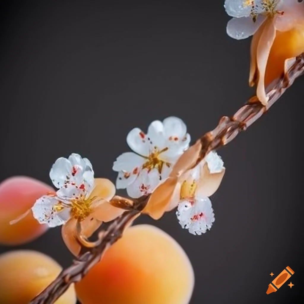 Apricot with blossoms on a glistening glass carving against a black backdrop