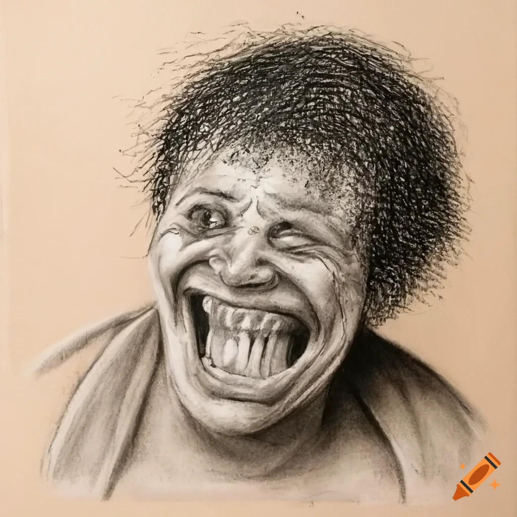 Charcoal drawing of a man with a unique smile on tan paper on Craiyon