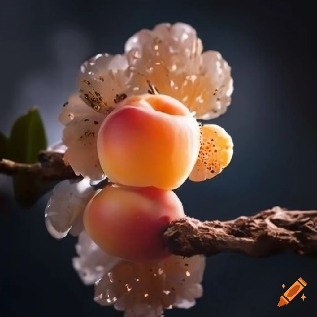 Apricot with blossoms on a glistening glass stave carving against storm light