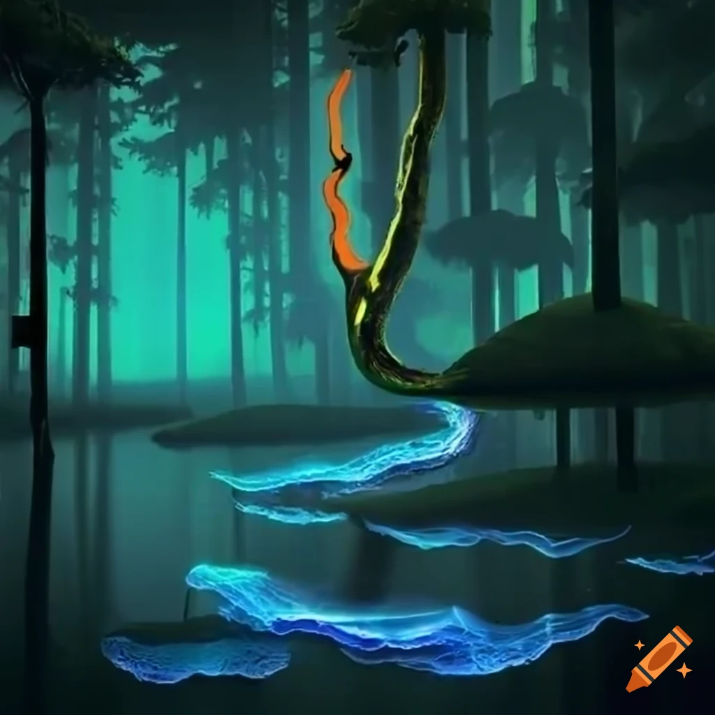 Biopunk paradise with merging nature and technology in a surreal forest