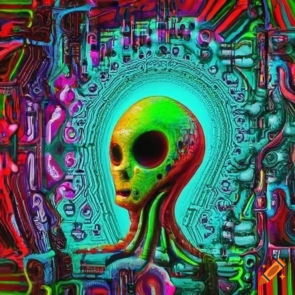 Psychedelic alien tree in tube art style with retro futurism influence