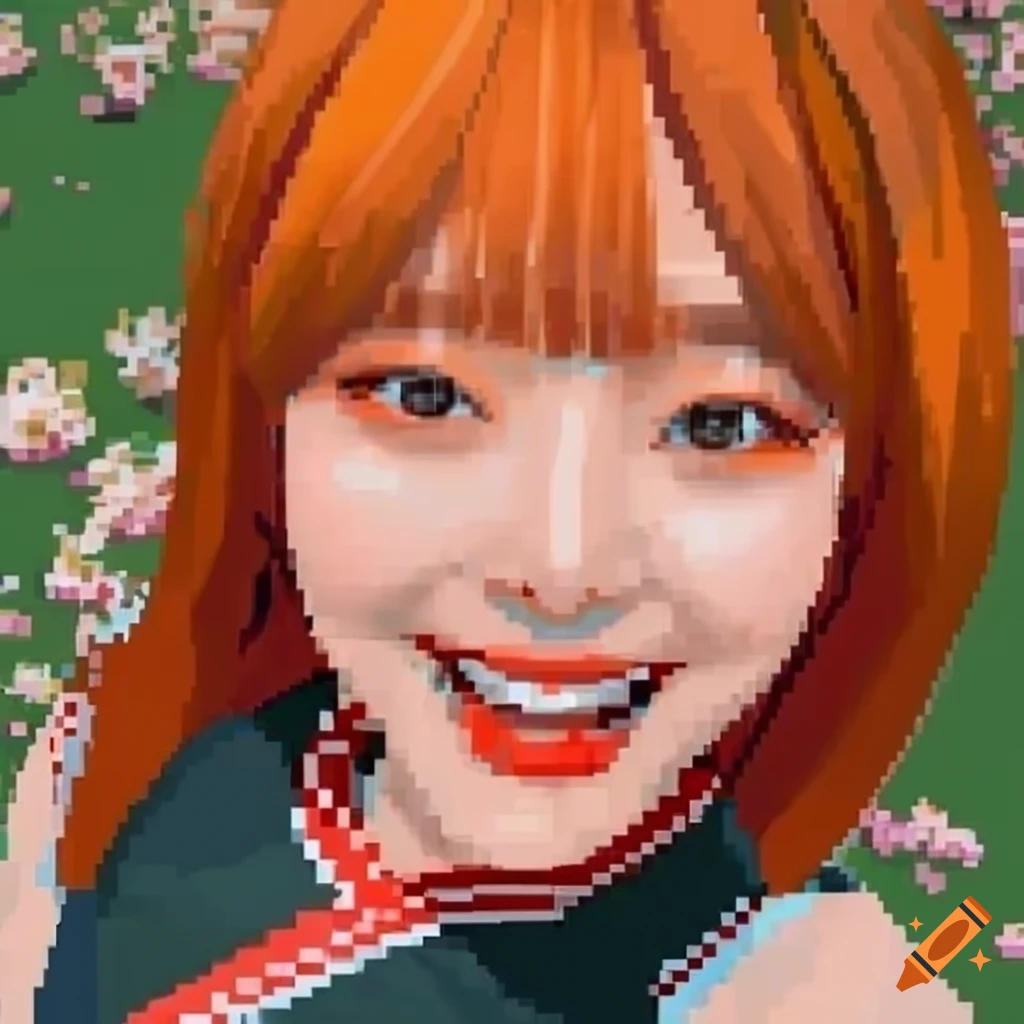 Smiling Korean cheerleader with orange hair in blooming garden, high poly pixel art