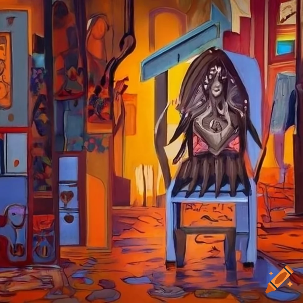 Surrealist scene in the style of Wilfredo Lam with stylistic strange elements and dirty flat surfaces colors
