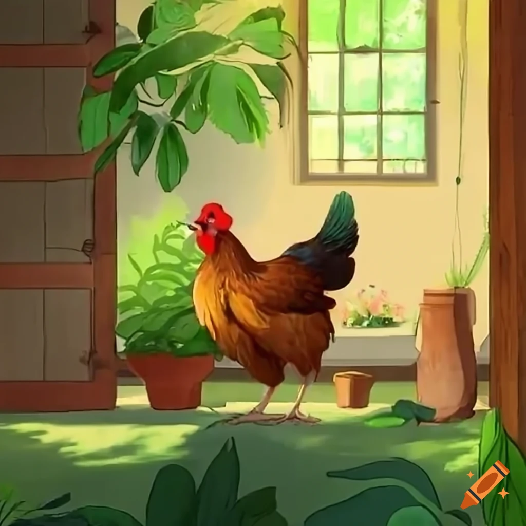 Backyard chickens pecking around houseplants in a sunlit room