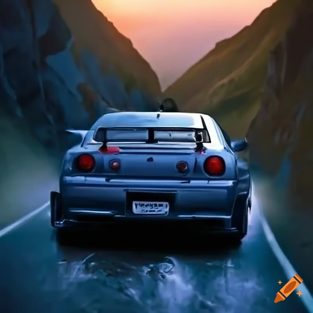 Nissan Skyline R34 GT-R drifting on mountain roads