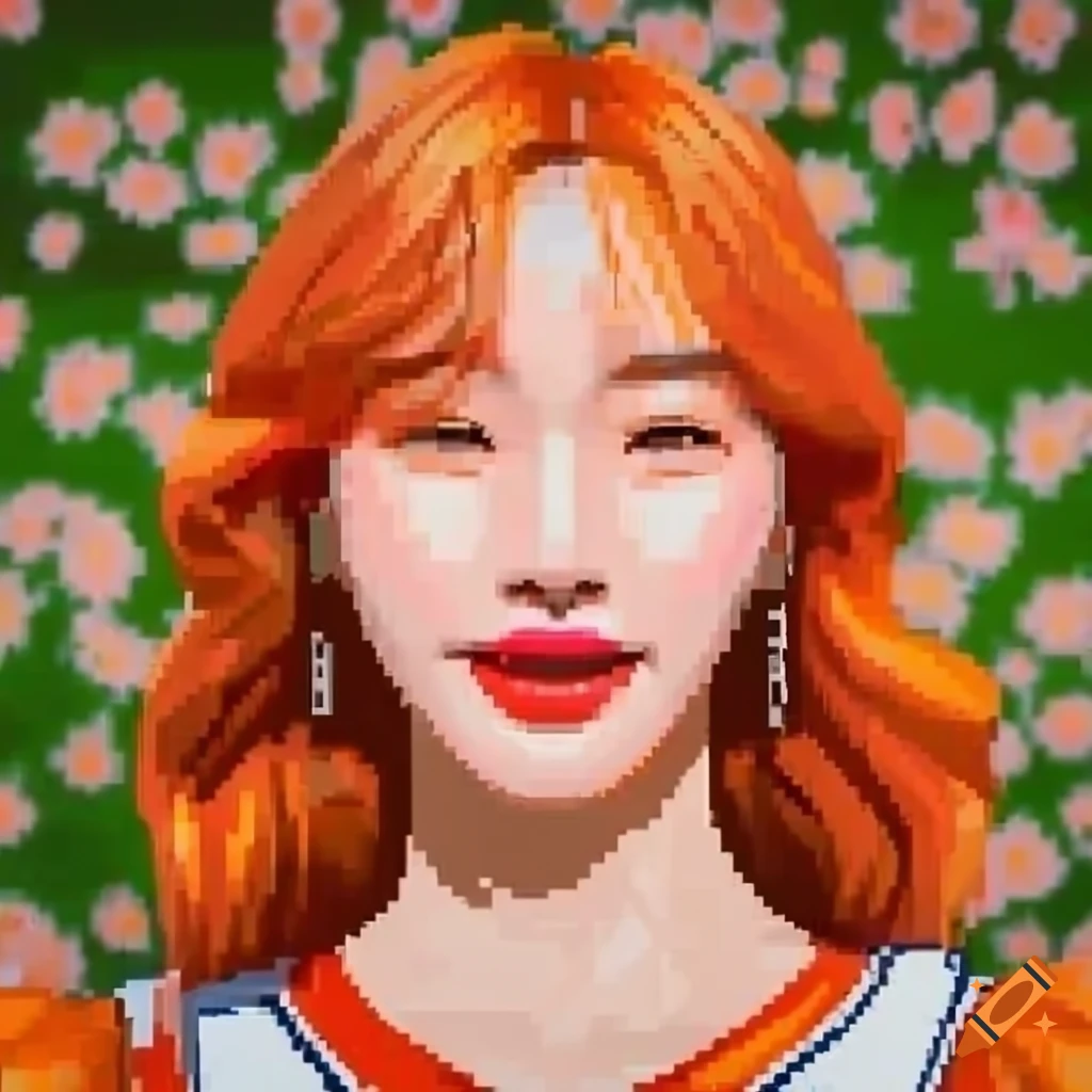 Smiling Korean cheerleader with orange hair in blooming garden, high poly pixel art