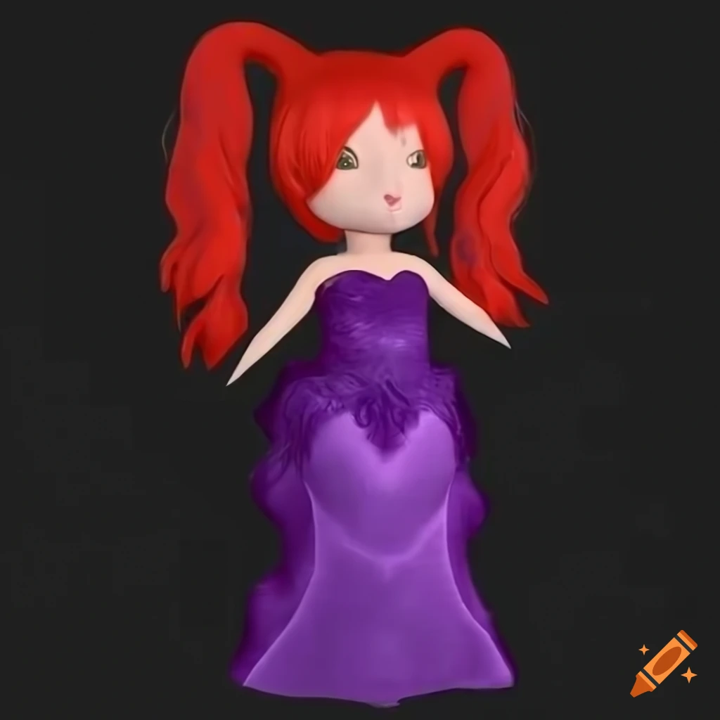 3D cat model with a red mermaid wig and purple dress