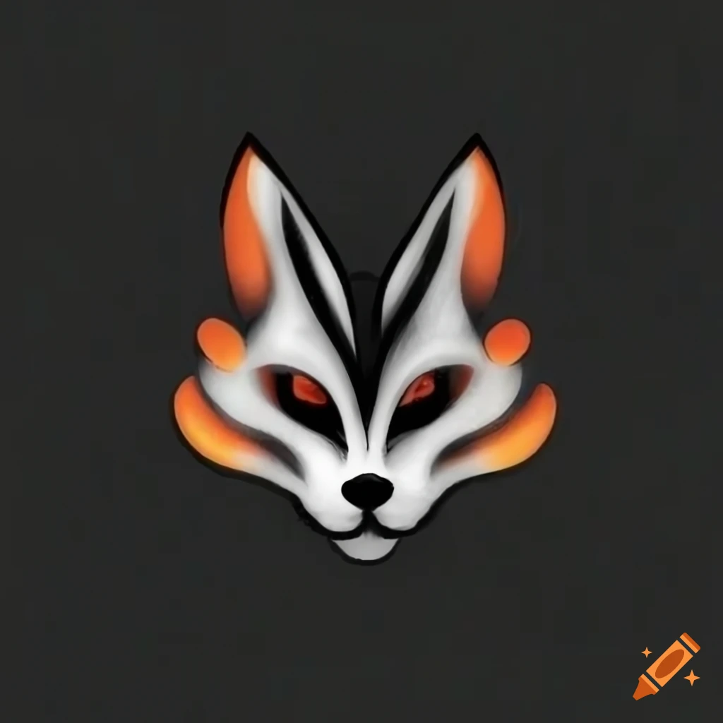 Spooky kitsune logo with orange eyes in black and white