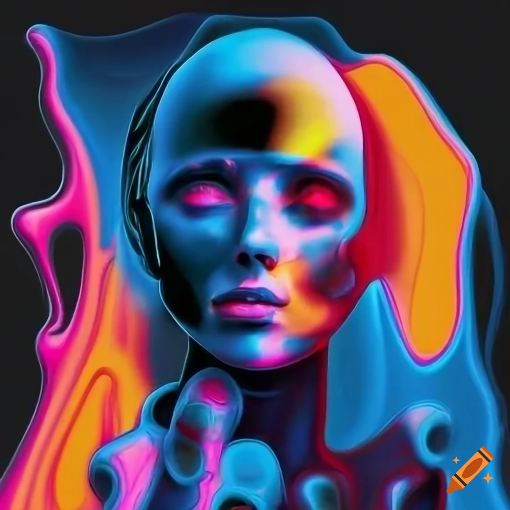 Unique futuristic art piece with a melting angel and biomechanoid woman face in a Tokyo park setting