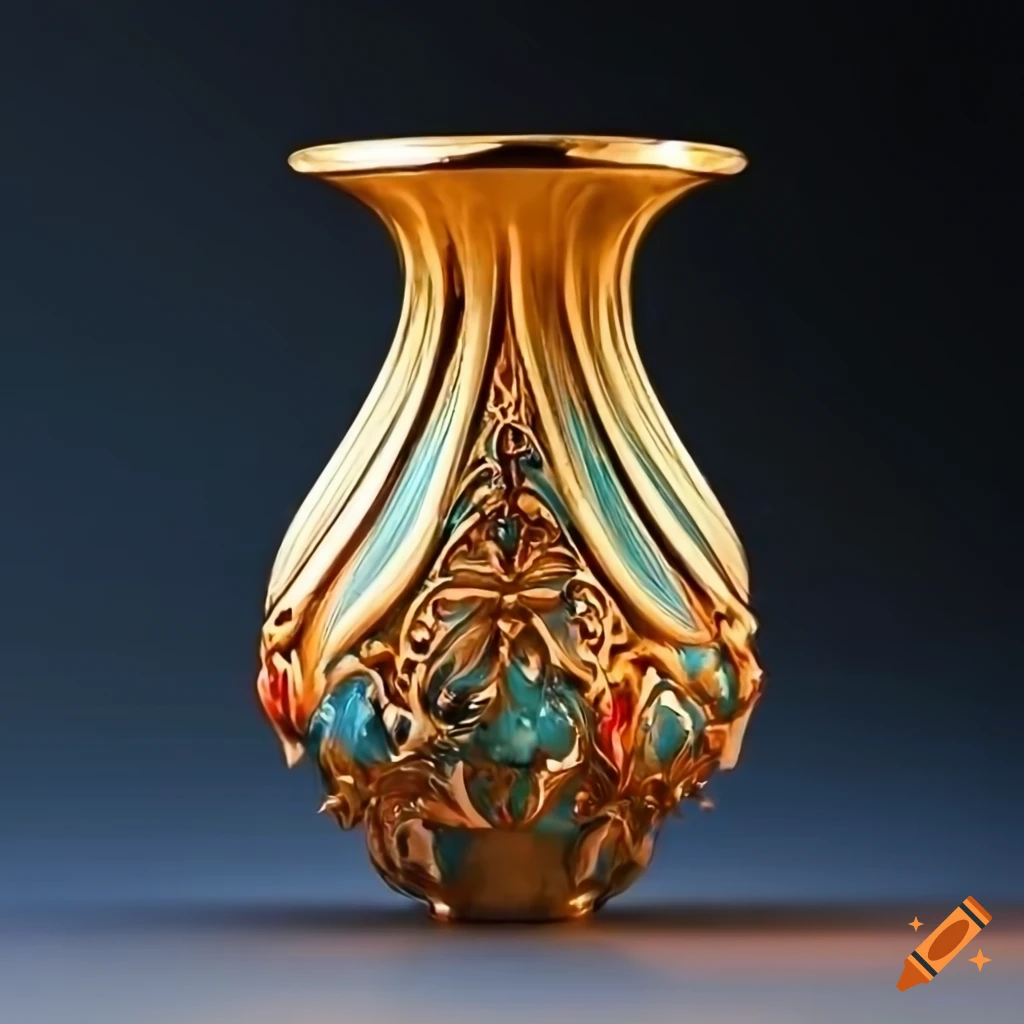 Metal vase with sharp details and volumetric light in art nouveau style