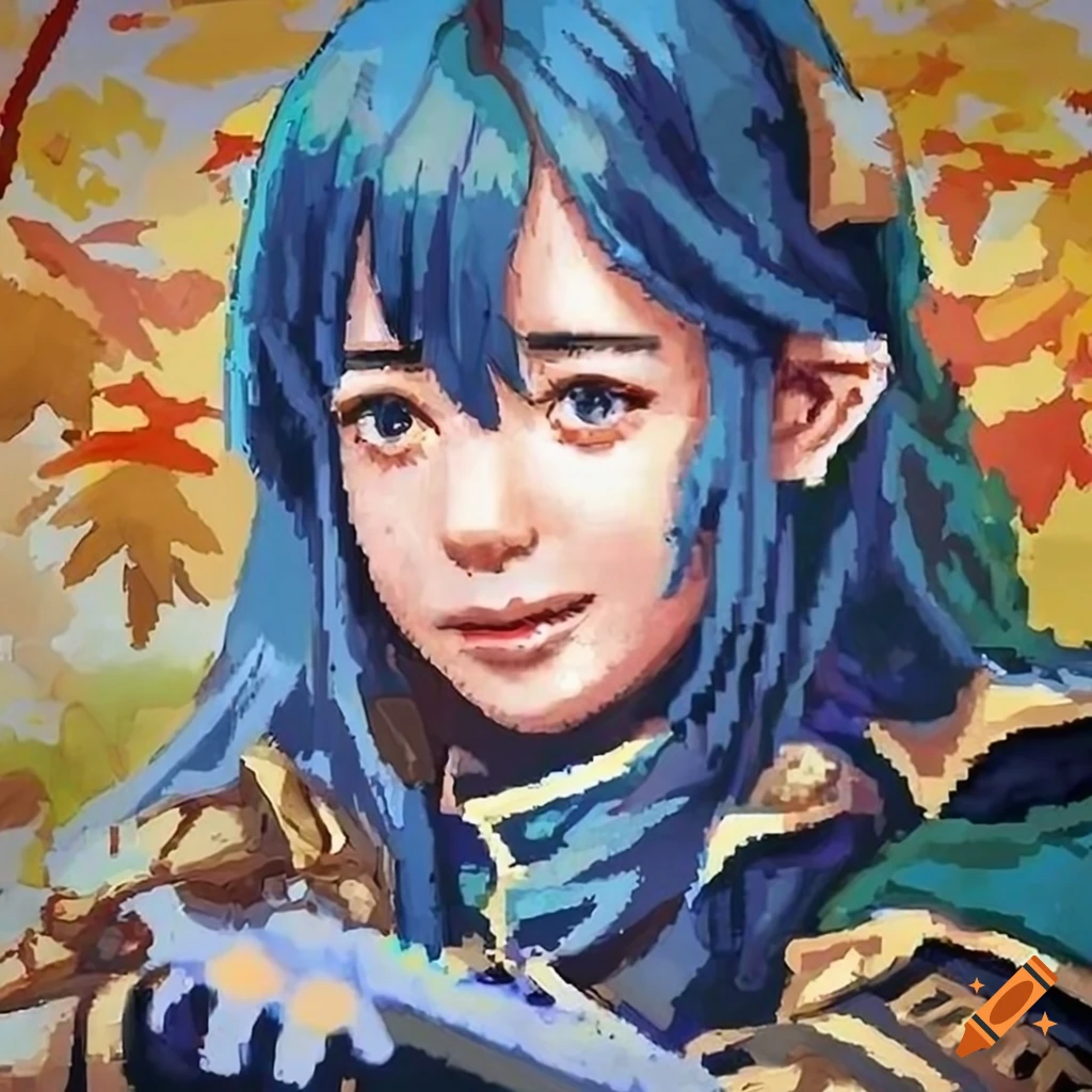 Pixelart hyperrealism painting of Lucina from Fire Emblem in a autumn garden with wolf pelt armor honing her sword skill