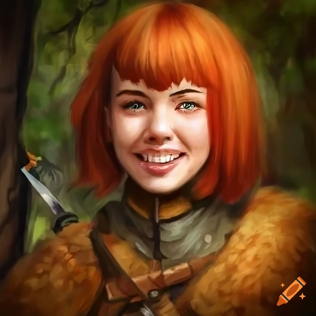 Pixelart hyperrealism portrait of a smiling Russian JRPG heroine honing sword skills in an autumn garden with wolf pelt armor