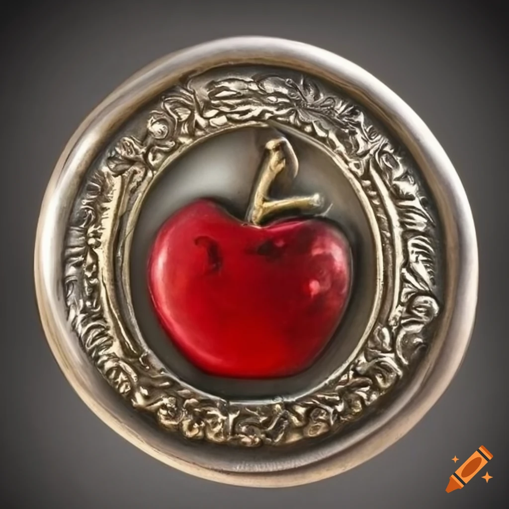 Antique silver wax seal with a red apple emblem