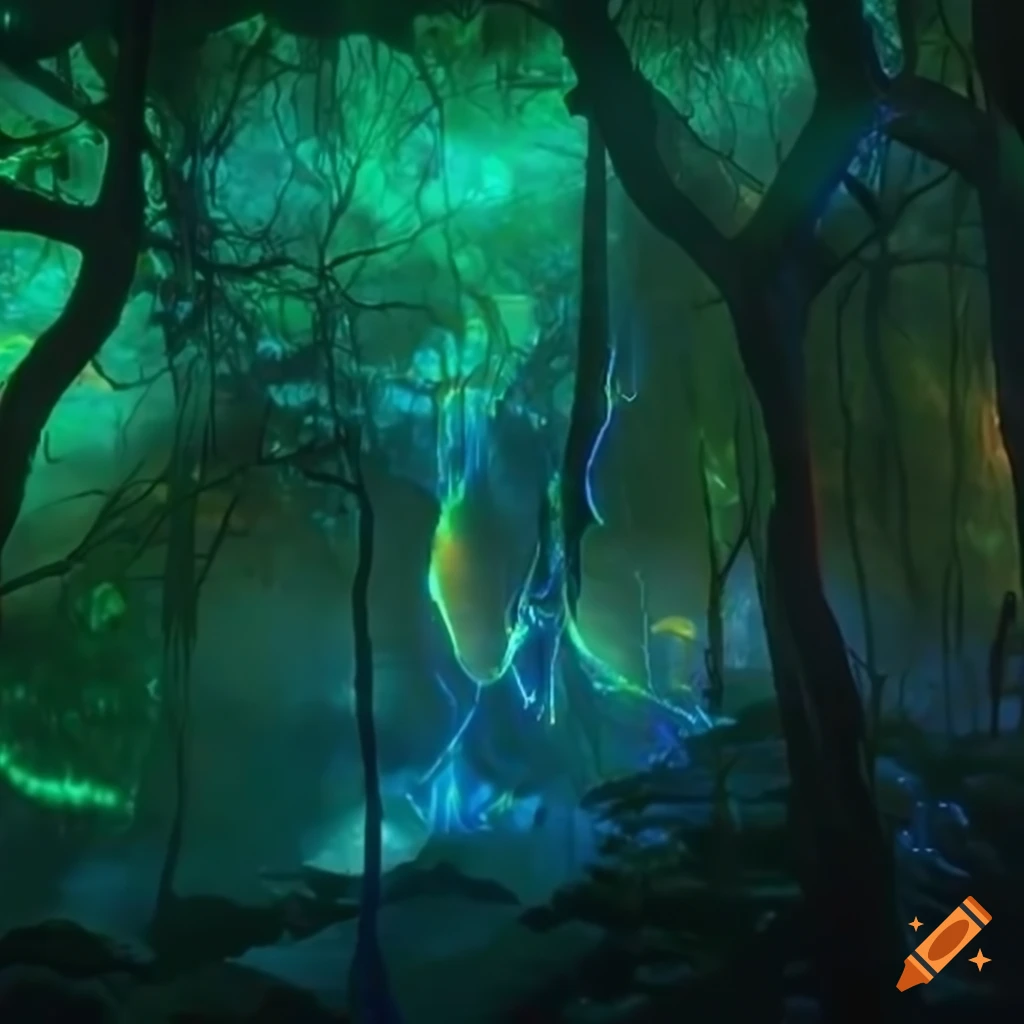 Biopunk paradise with nature and technology merging in a surreal forest