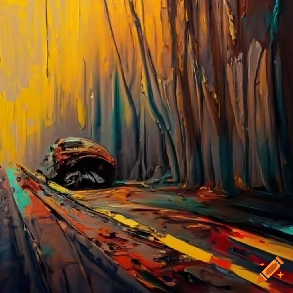Oil painting of a wrecked road
