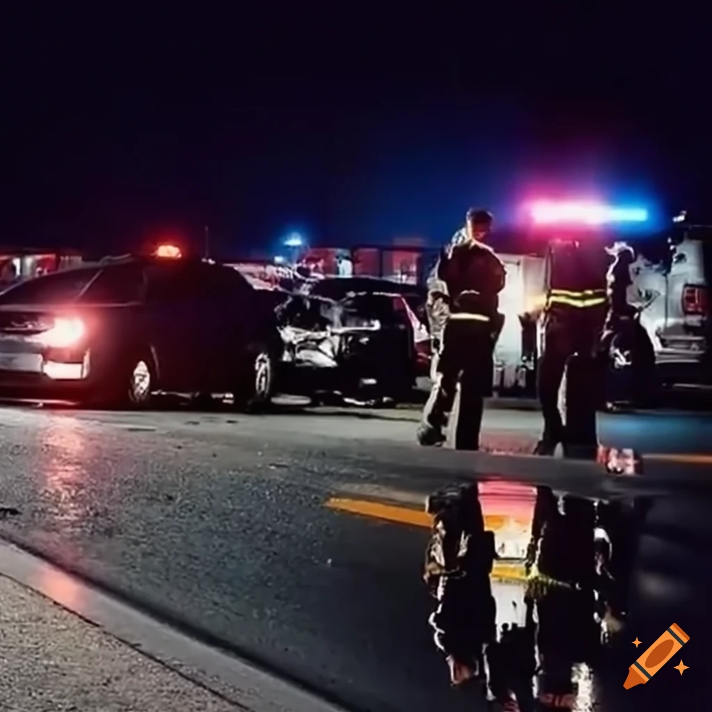 Police officers inspecting a traffic accident on the freeway