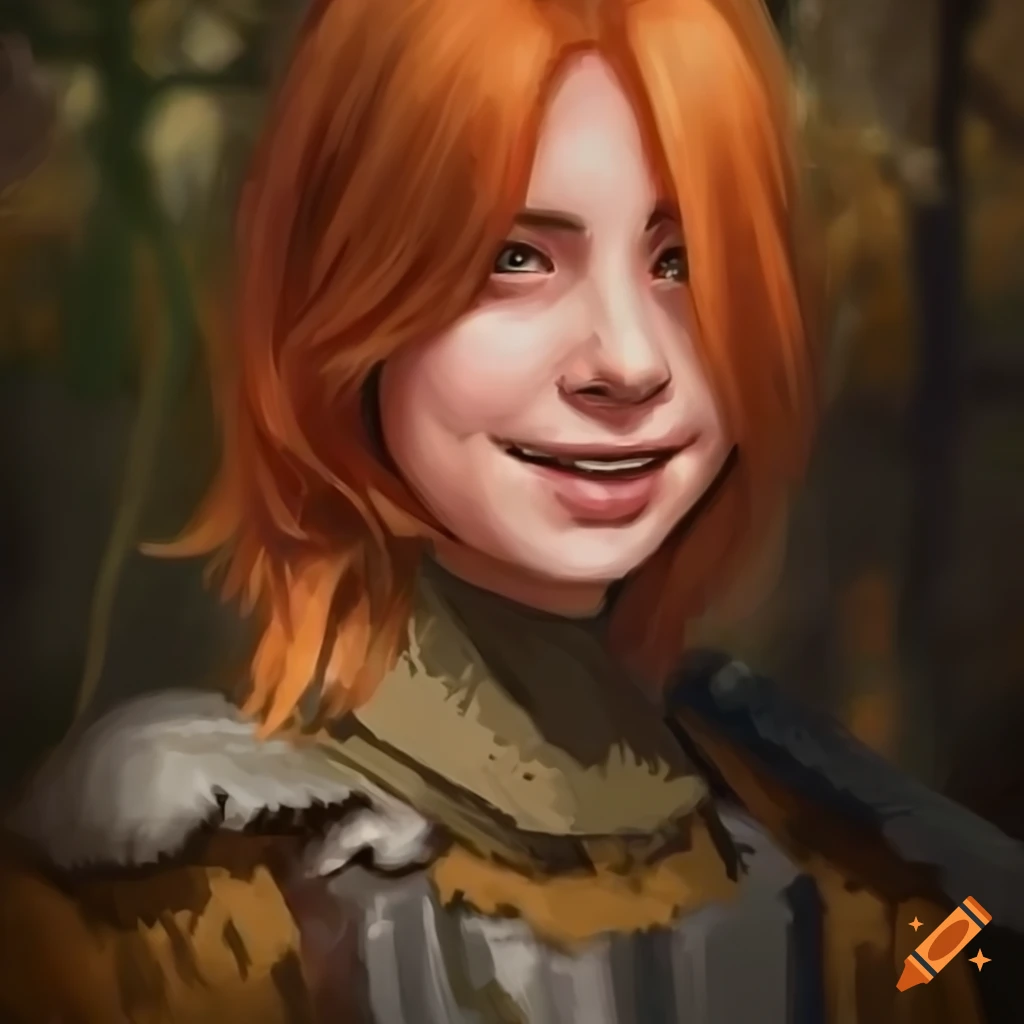 Pixel art portrait of a smiling Russian JRPG heroine with wolf pelt armor honing her sword skill in an autumn garden