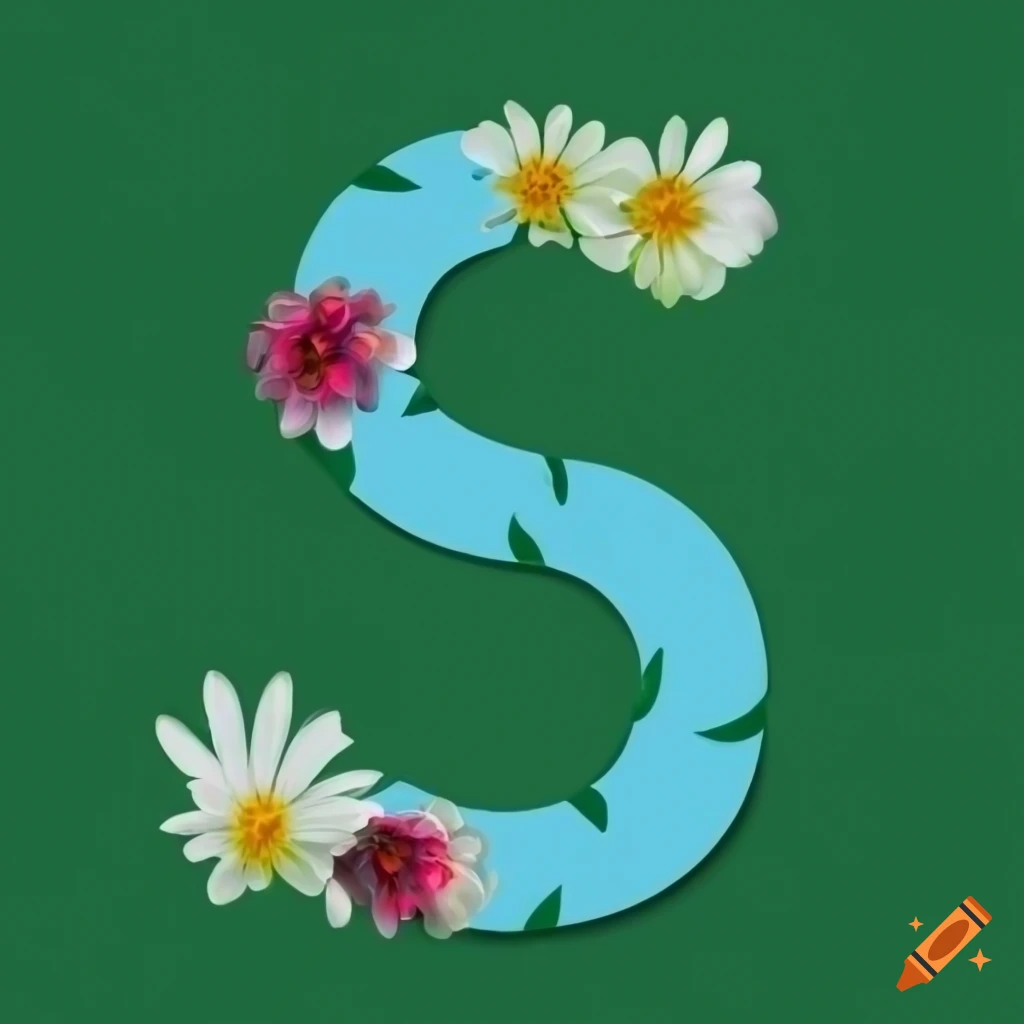 Letter S with green leaves and flowers on an off-white background