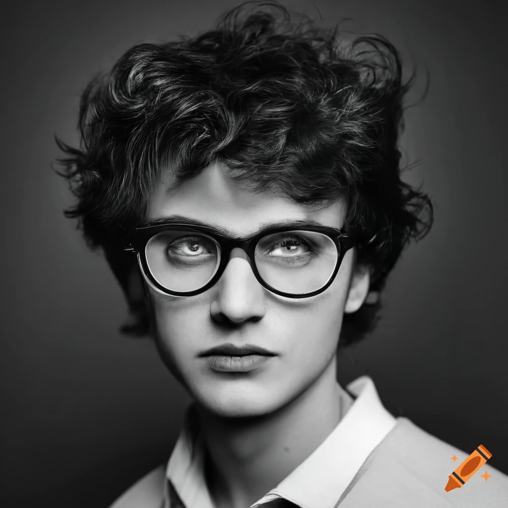 Portrait of a young man with short black wavy hair and glasses in black ...