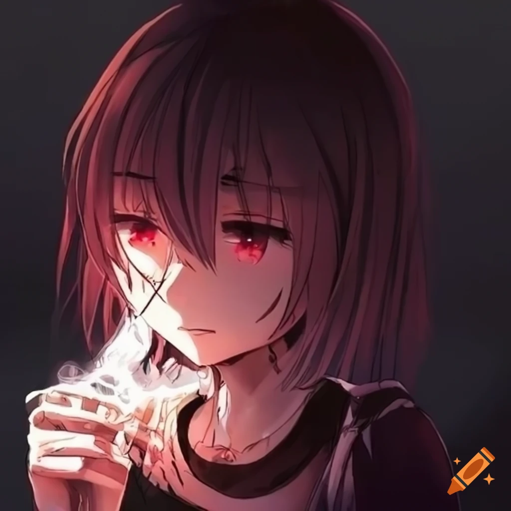 Sad anime girl smoking