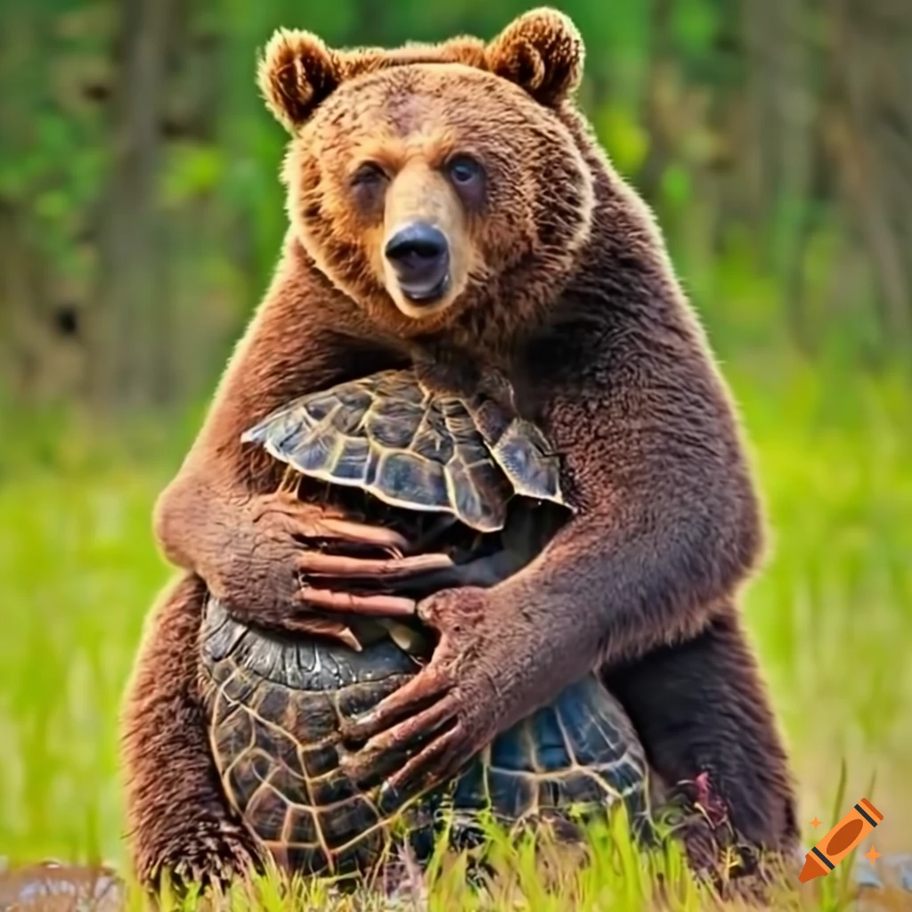 Bear hugging a turtle