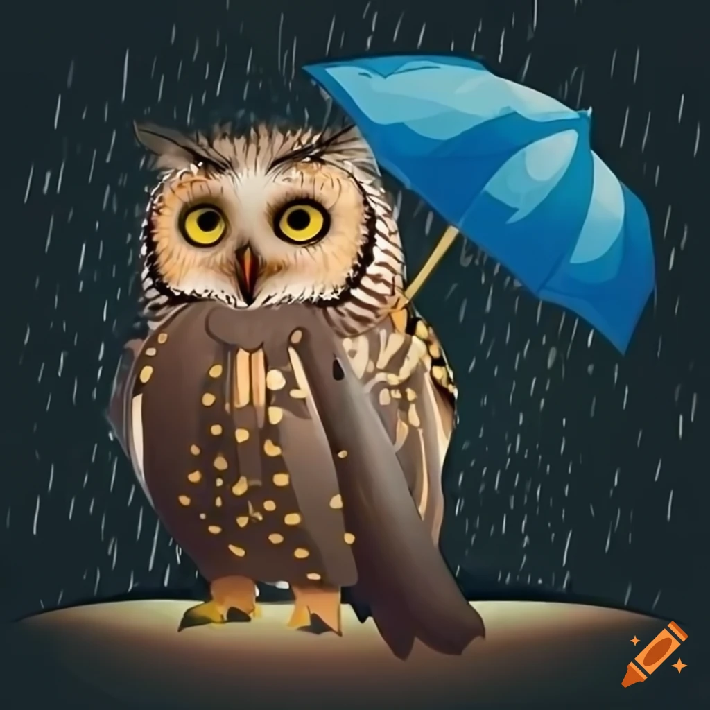 Owl with umbrella in the rain