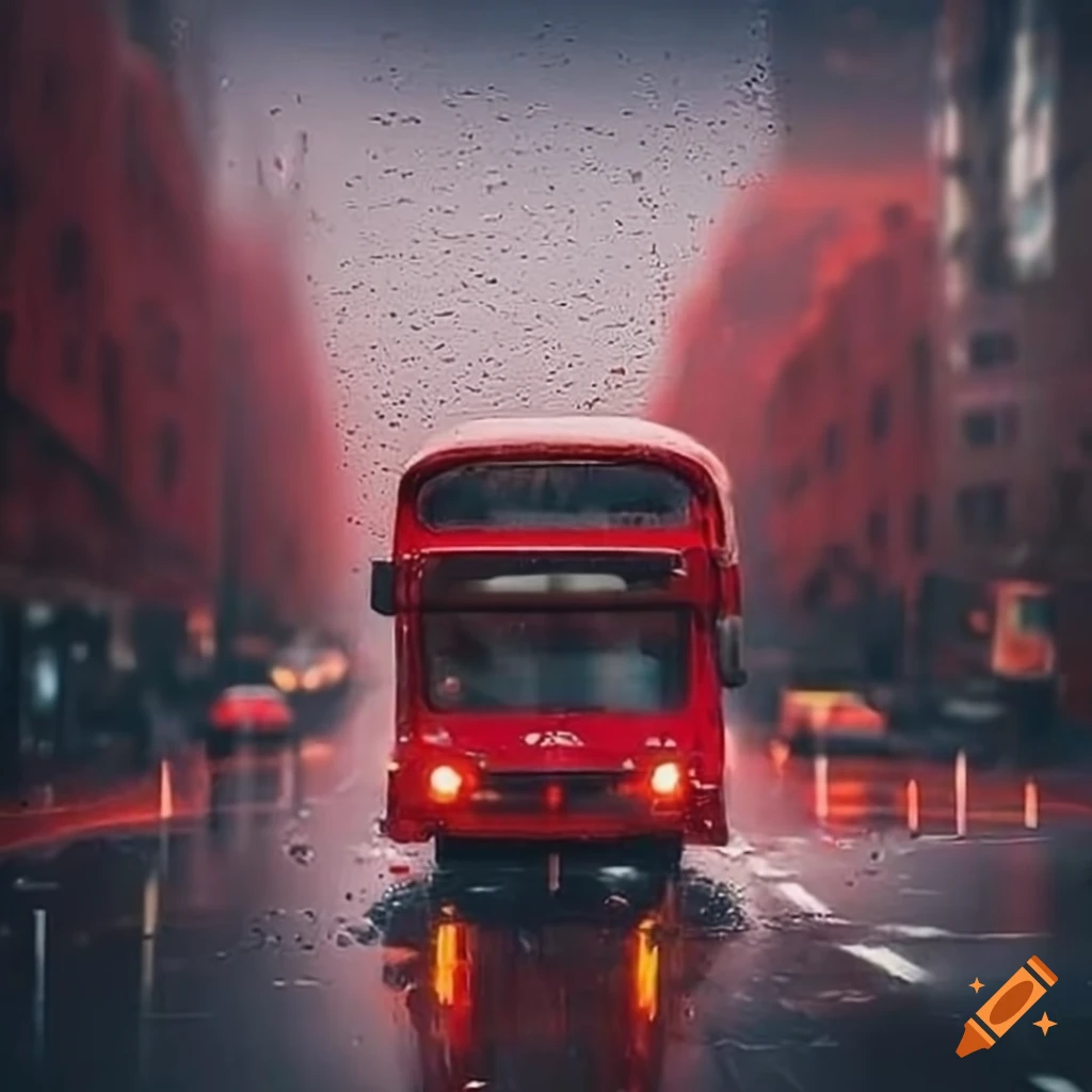 Persian red bus driving in the rain