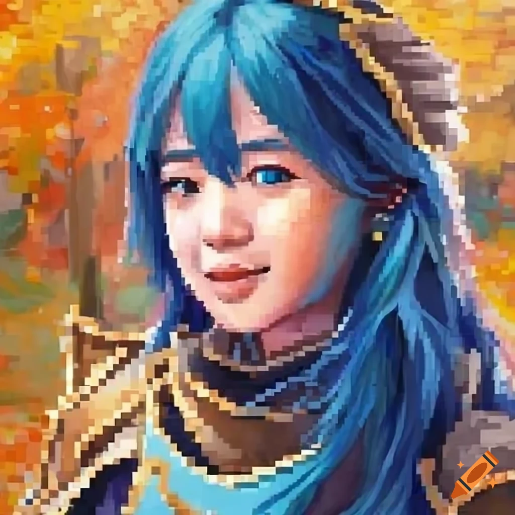 Pixelart hyperrealism painting of Lucina from Fire Emblem in a autumn garden with wolf pelt armor honing her sword skill