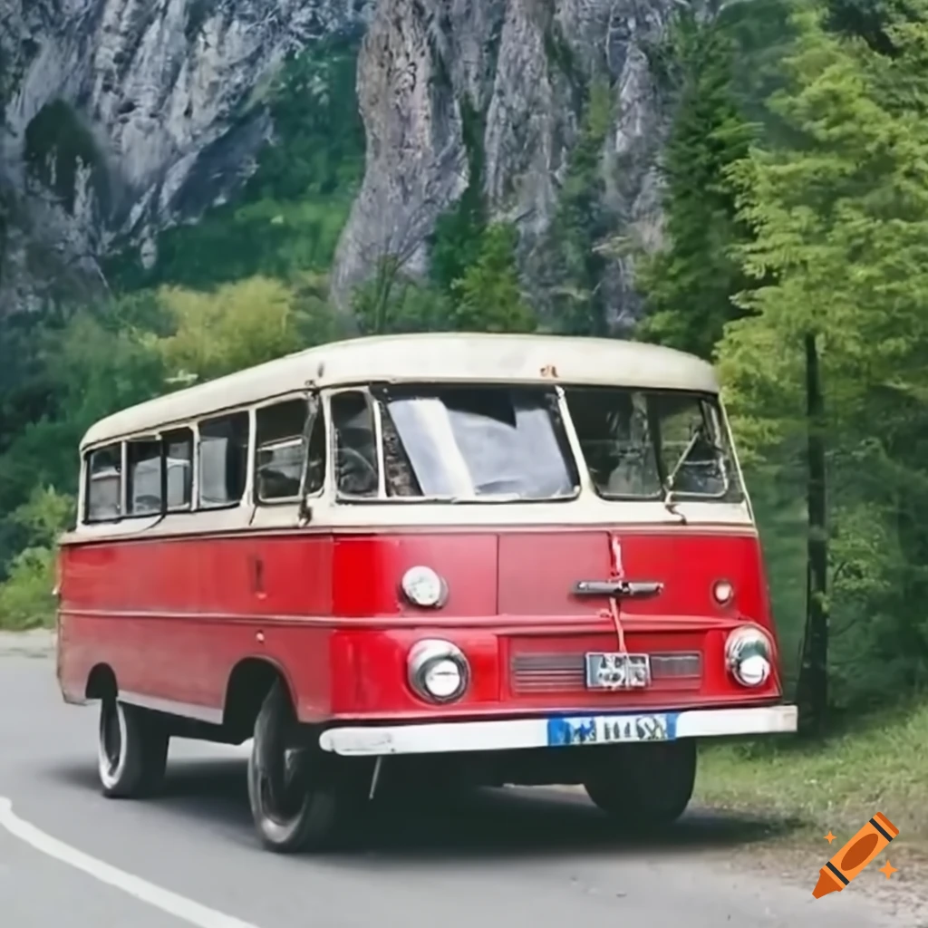 Historical Robur bus on a mountain street