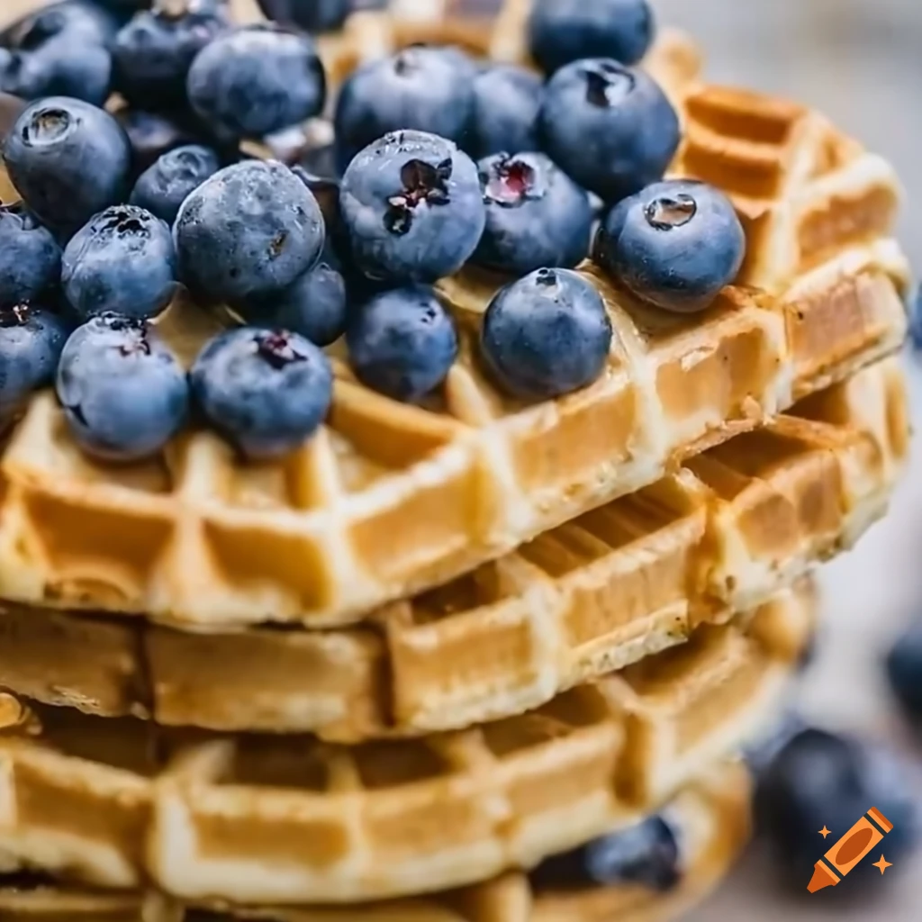 Stack of waffles with blueberries and honey drizzle in a close-up shot