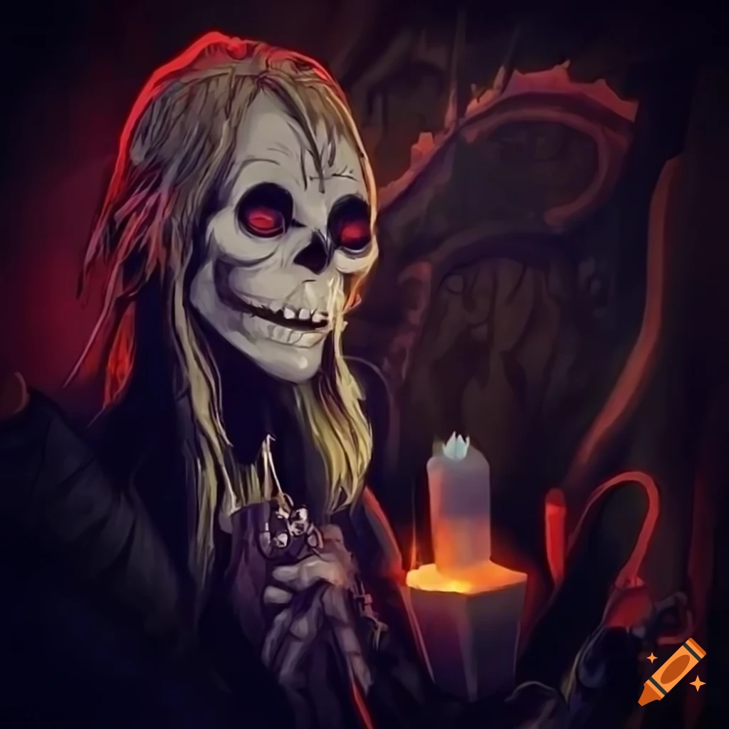 A lich having a picnic in a graveyard