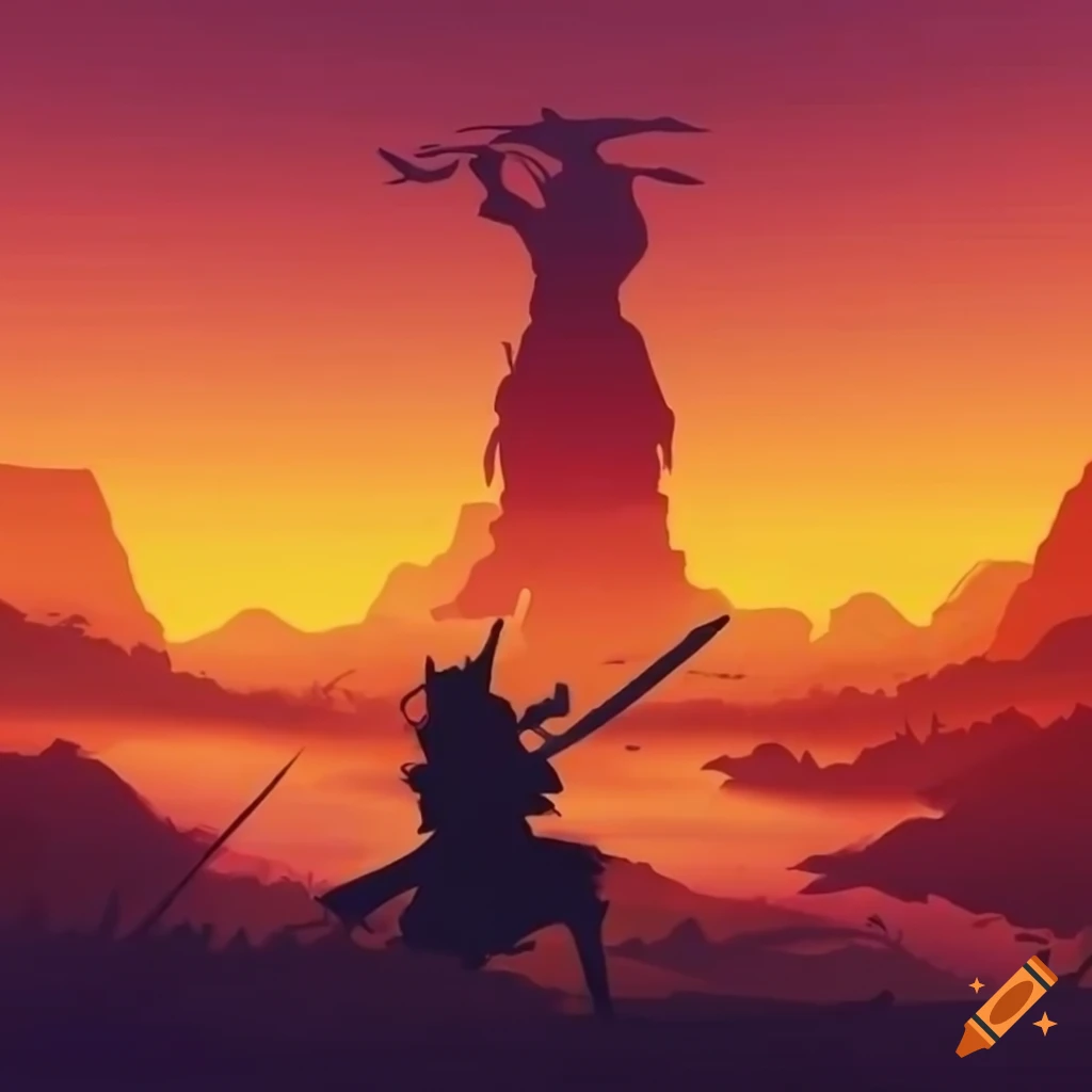 Armored samurai in attack position in a mystical sunset landscape with wind in the shield