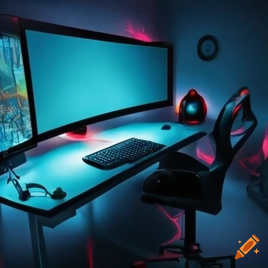 Empty room with a fake gamer desk and computer