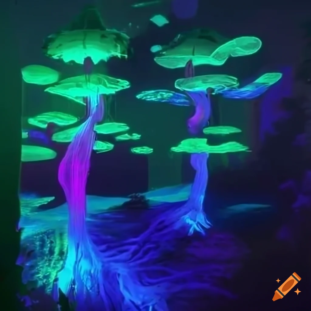 Biopunk paradise with bioluminescent trees in a surreal forest