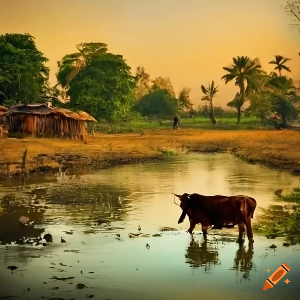 Indian village scene with women washing clothes by a pond and grazing cattle