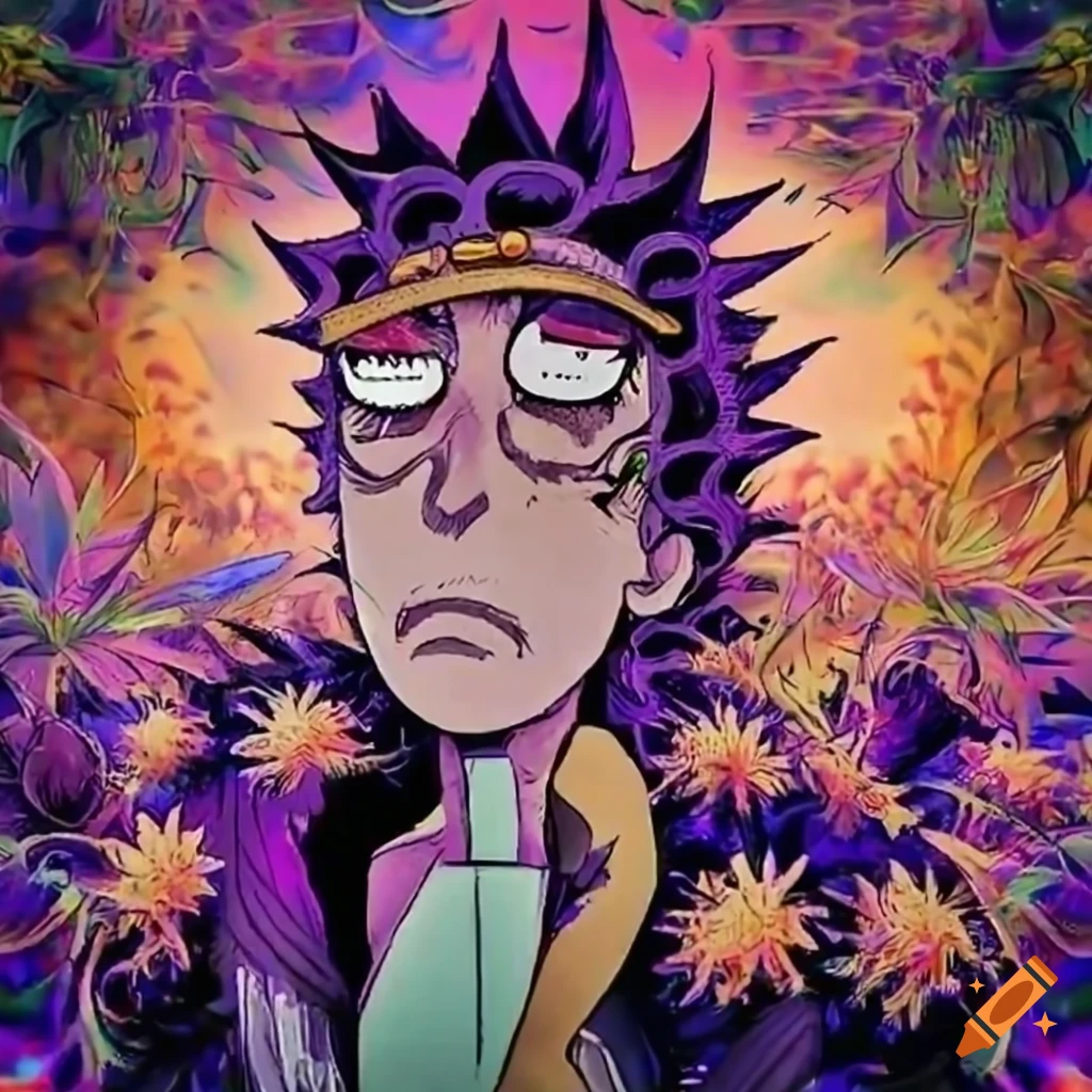 Jotaro kujo and rick from rick and morty with colorful cannabis flowers