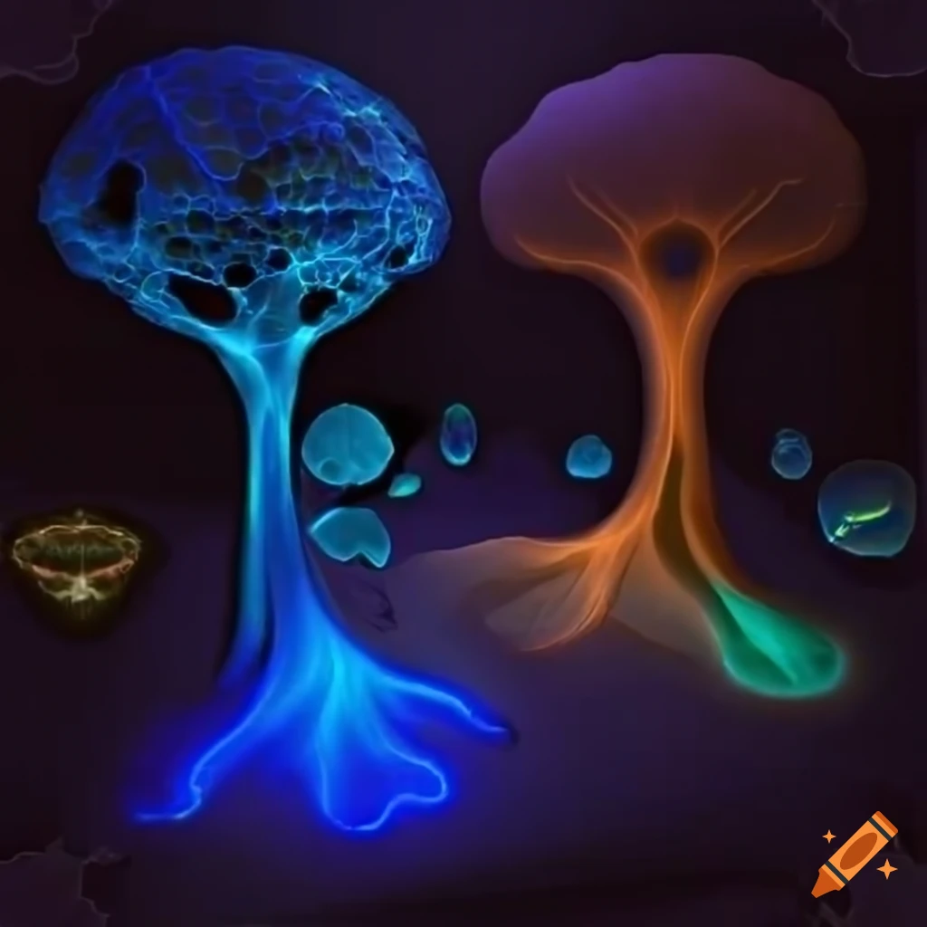 Biopunk paradise with bioluminescent trees in a surreal forest