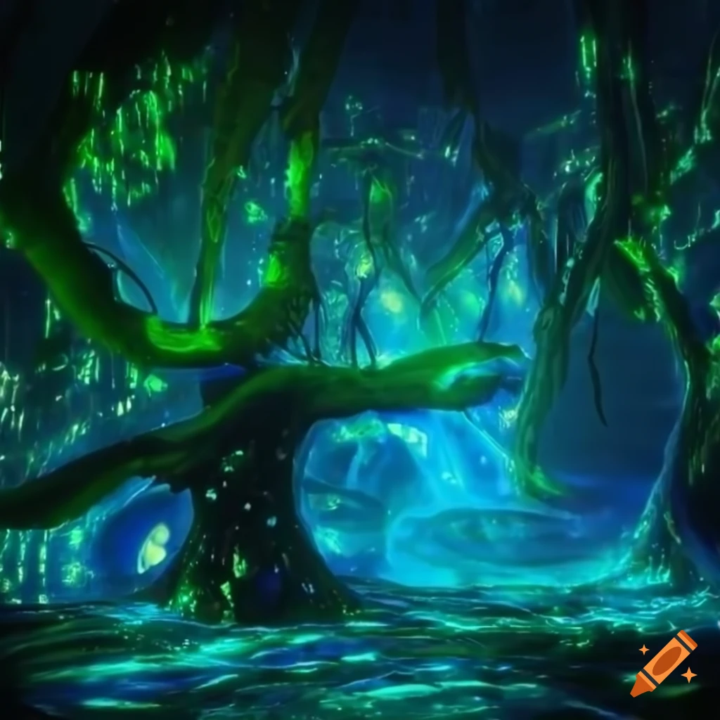 Surreal biopunk forest with glowing bioluminescent trees