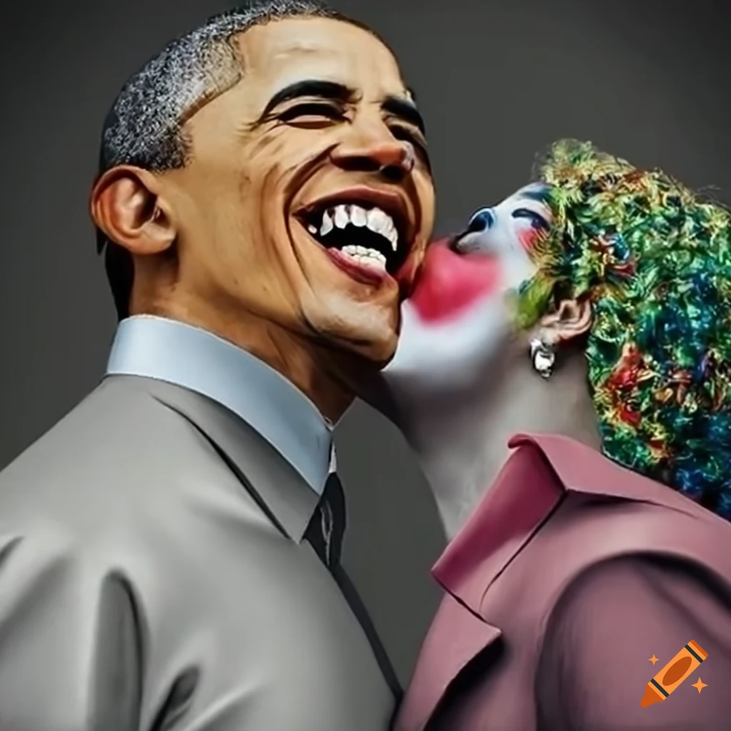 Depiction of President Obama showing deep emotion and kissing a clown