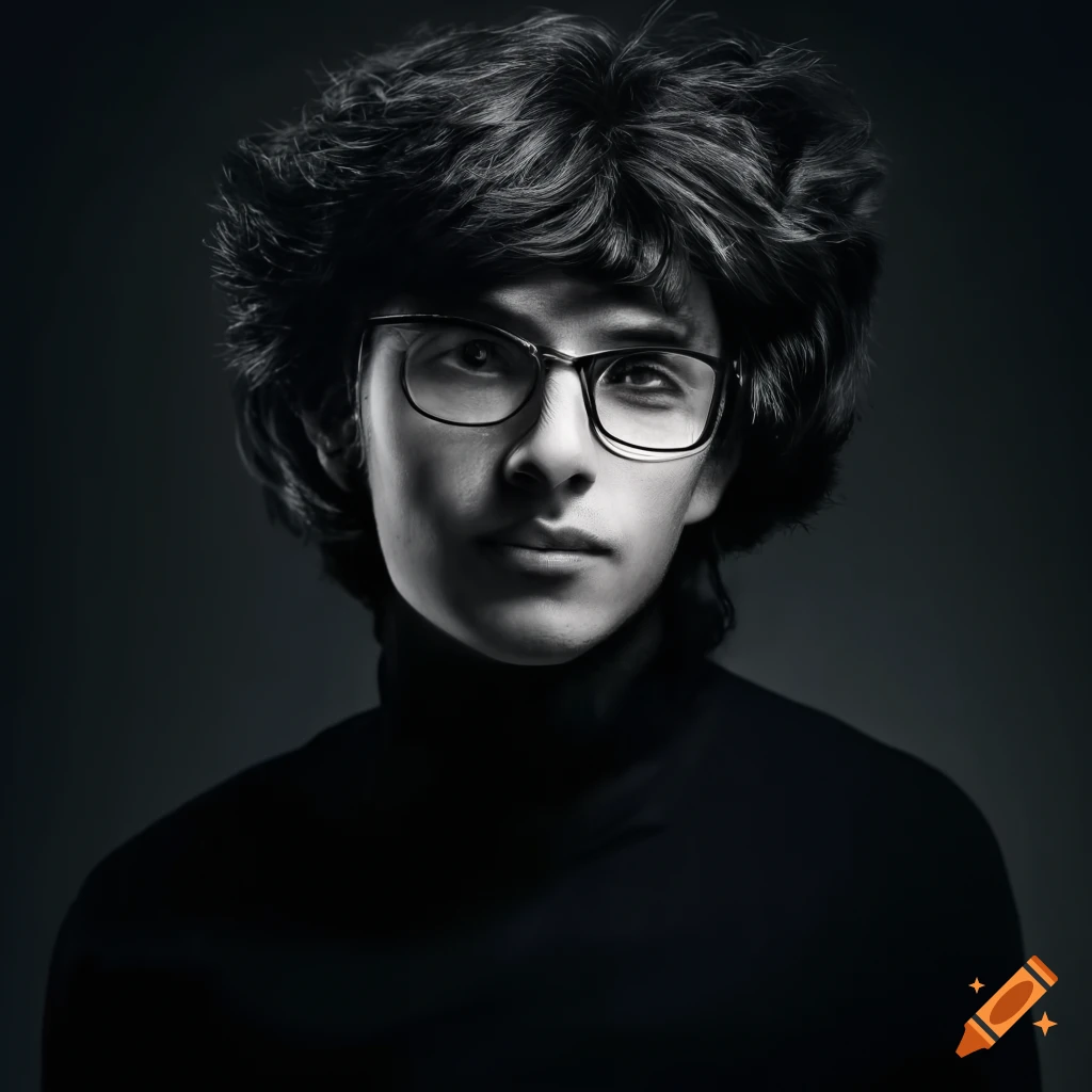 Portrait of a young man with black wavy hair and glasses in a jacket ...