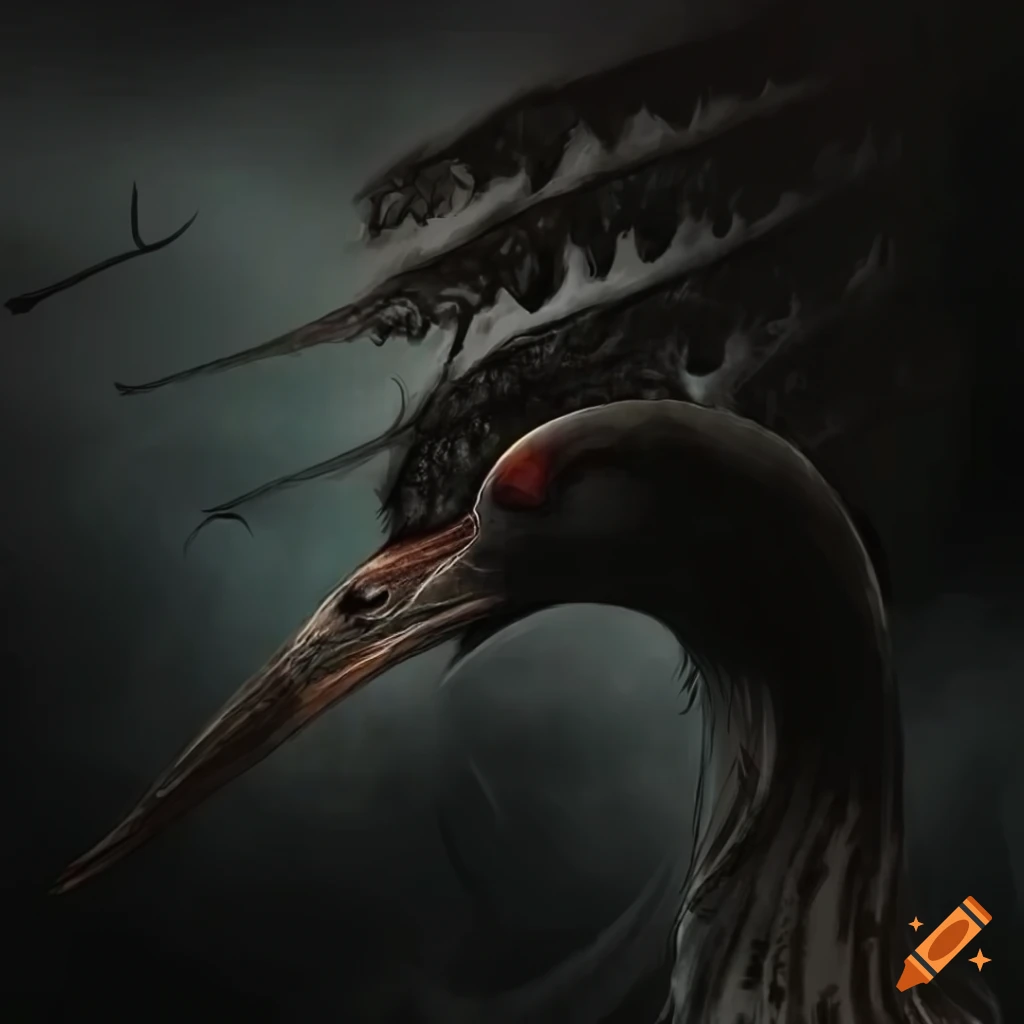 Intricately illustrated fractal of a crane catching fish in a stormy river landscape