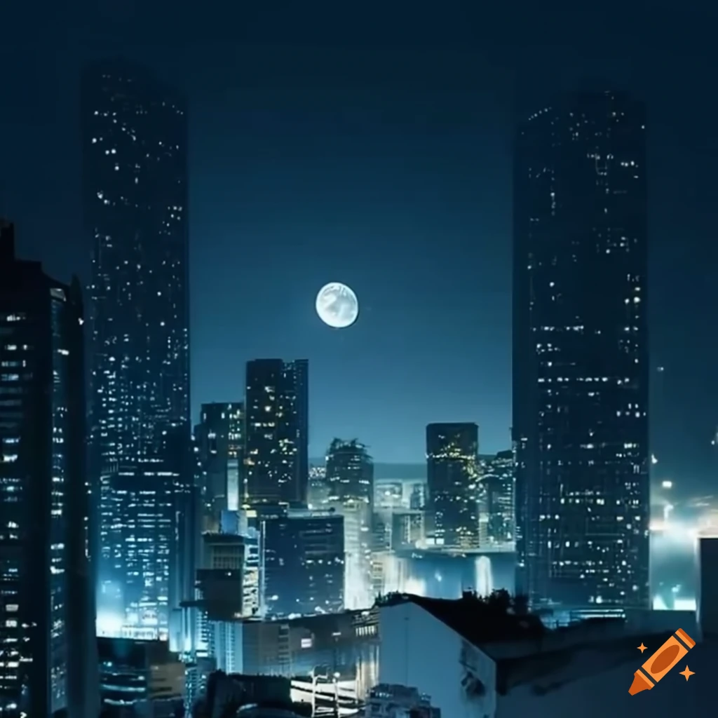 City at night with bright lights and moon shining down
