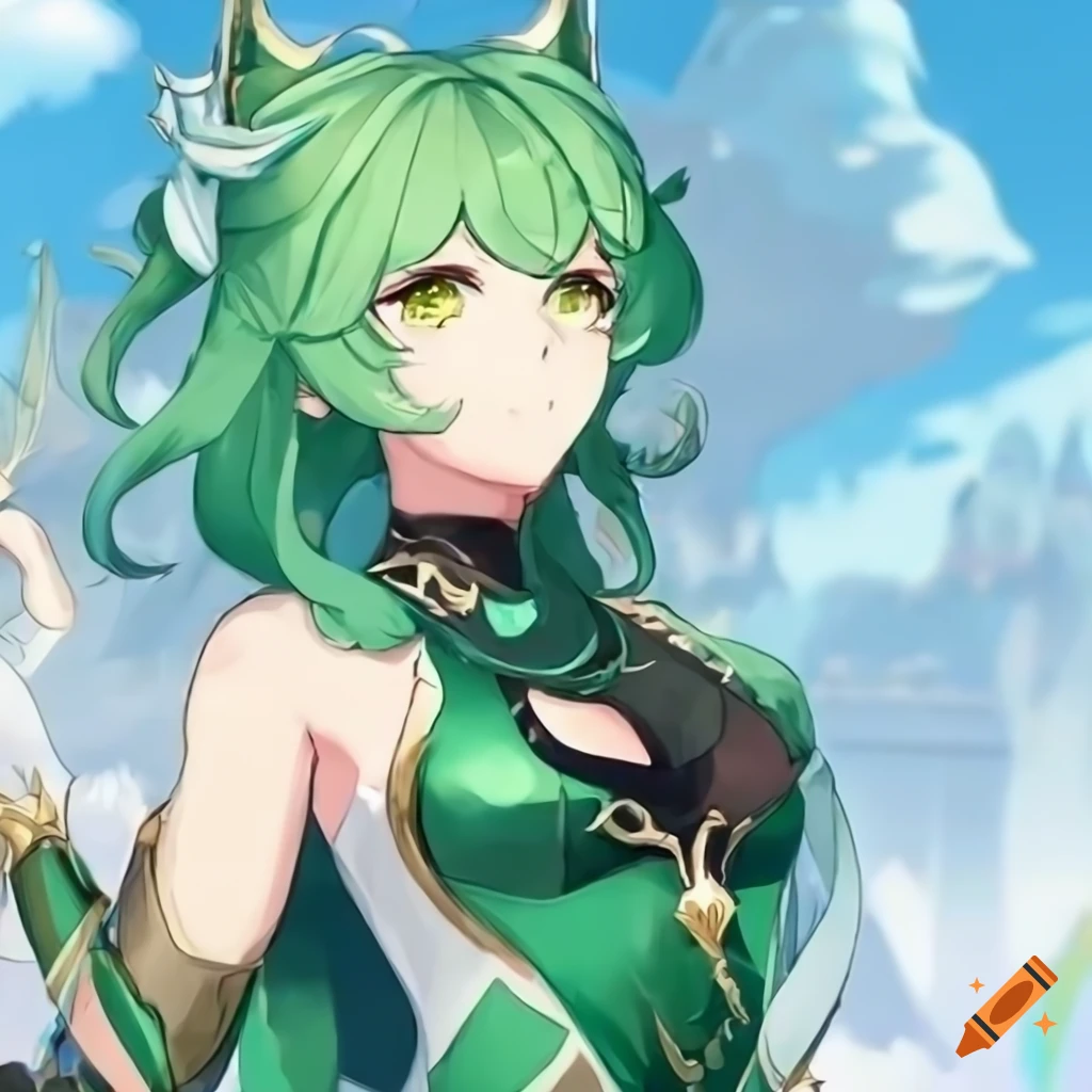 Genshin Impact character with green hair and green clothes on Craiyon