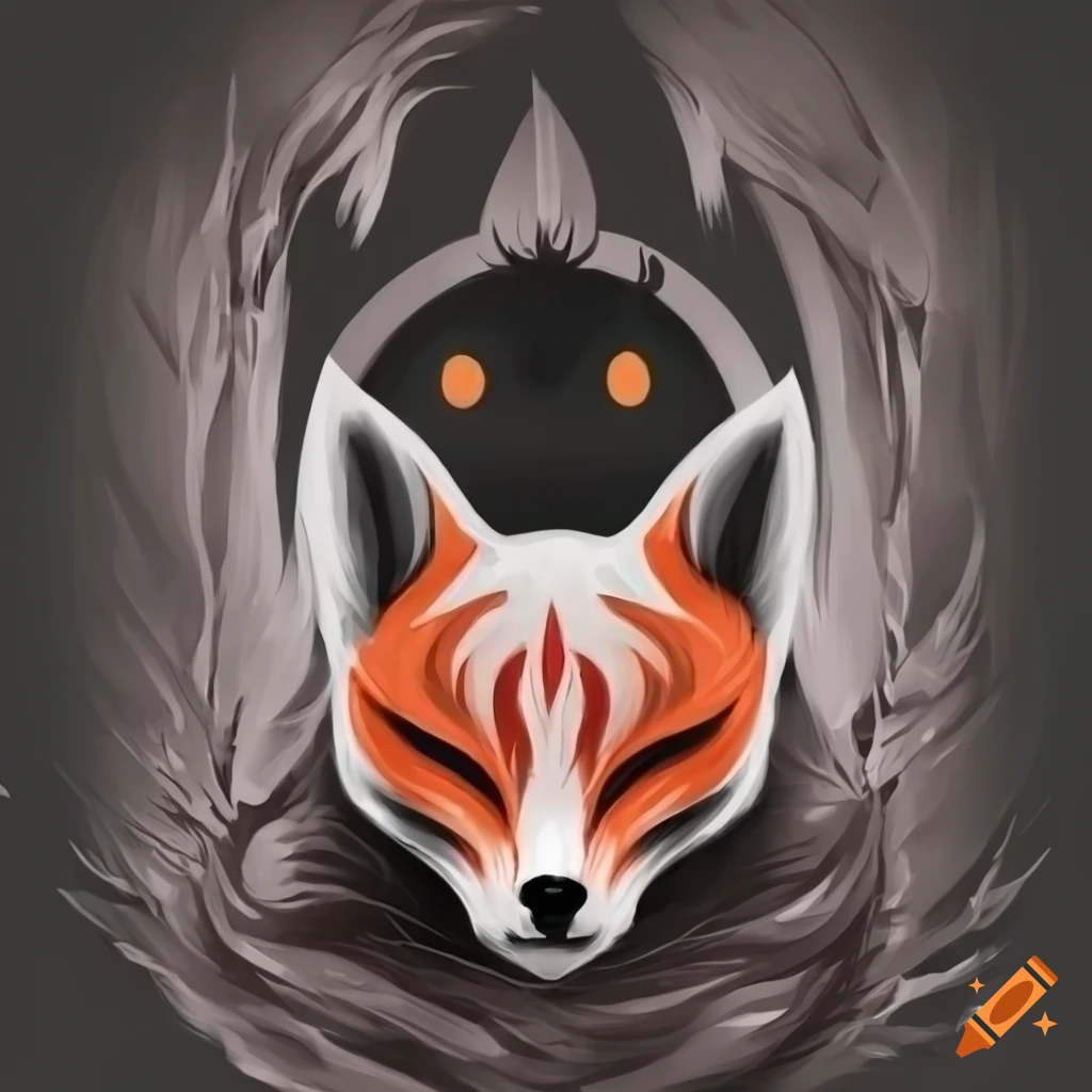 Spooky kitsune logo with orange eyes in black and white