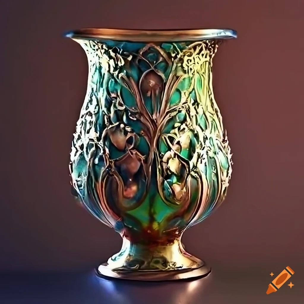 Metal vase with sharp details and volumetric light in art nouveau style