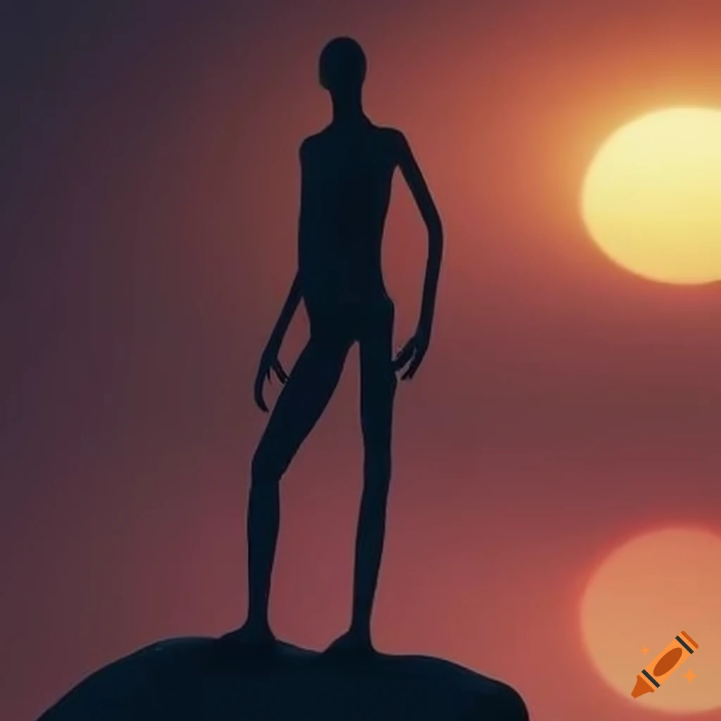 Elongated human figure casting a shadow against the sunset on Craiyon, image size:1024x1024