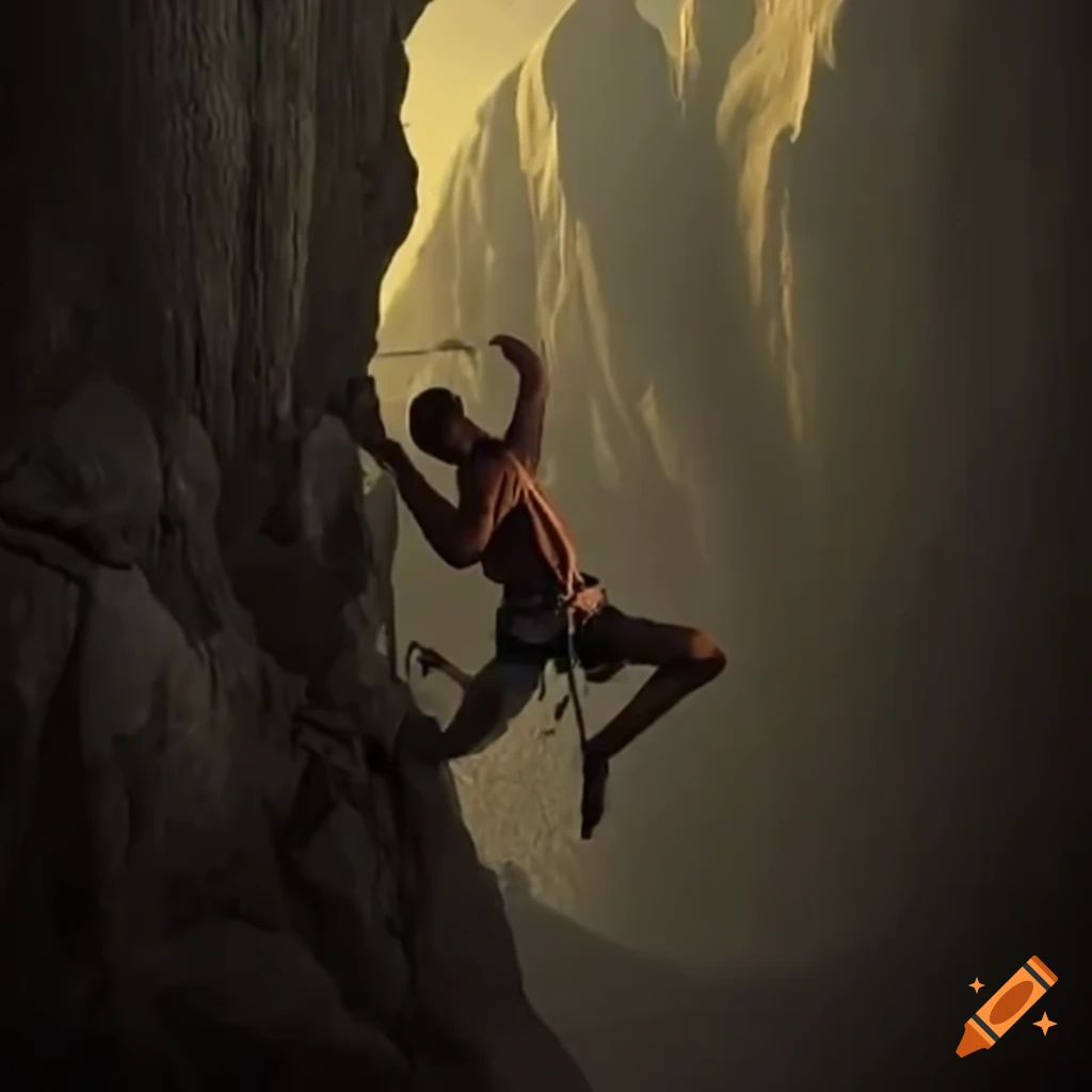 Man climbing a mountain while clinging by a rope