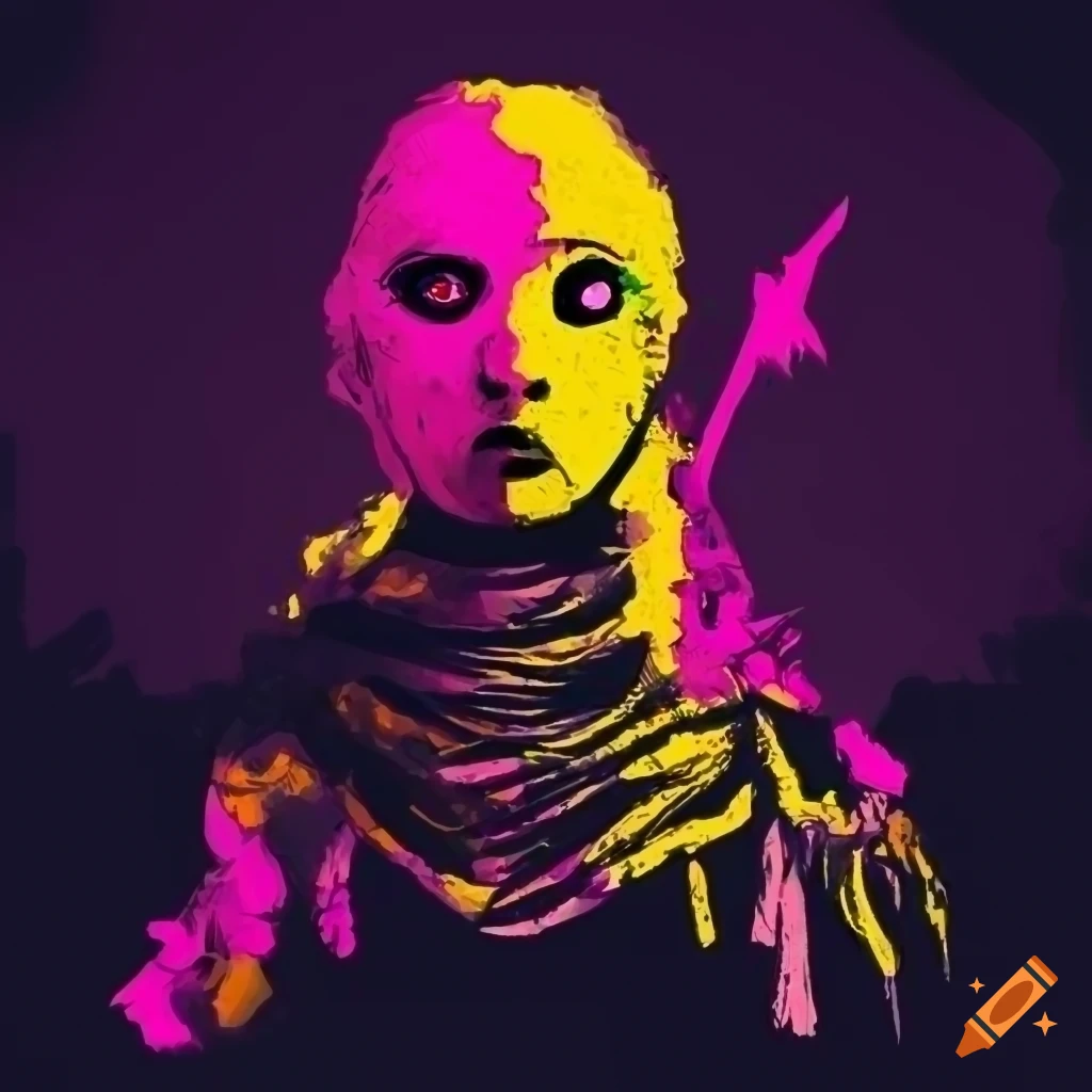 Dark fantasy rogue in Mörk Borg art style with yellow and pink colors